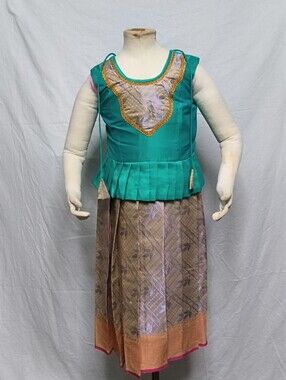 Kids Teal, Pink, and Gold Pattu Pavadai